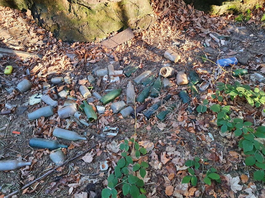 kaputte Flaschen auf Waldboden